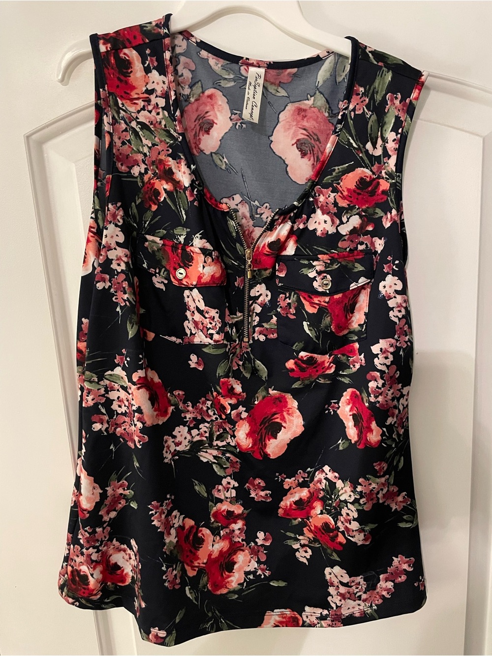 Floral Zip-Front Sleeveless Top - Blue with Red/Pink Blooms